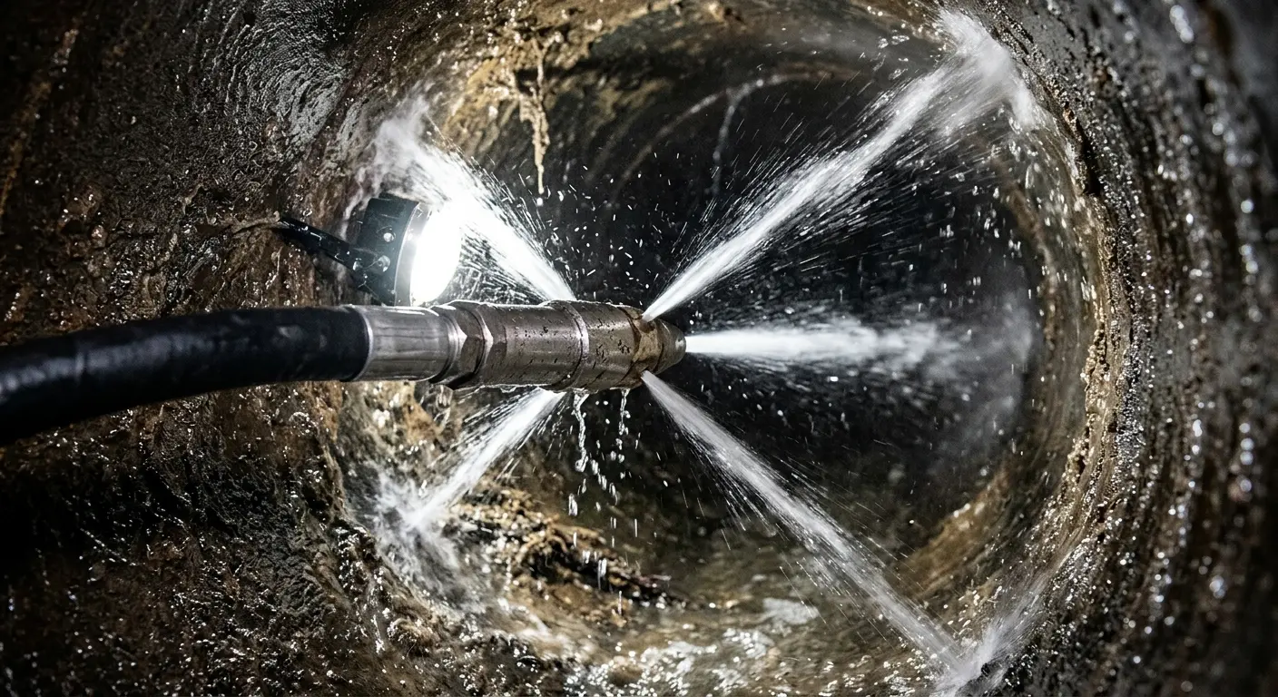 High-pressure hydro jetting nozzle cleaning sewer pipe for Sewer Cleanout in Tigard