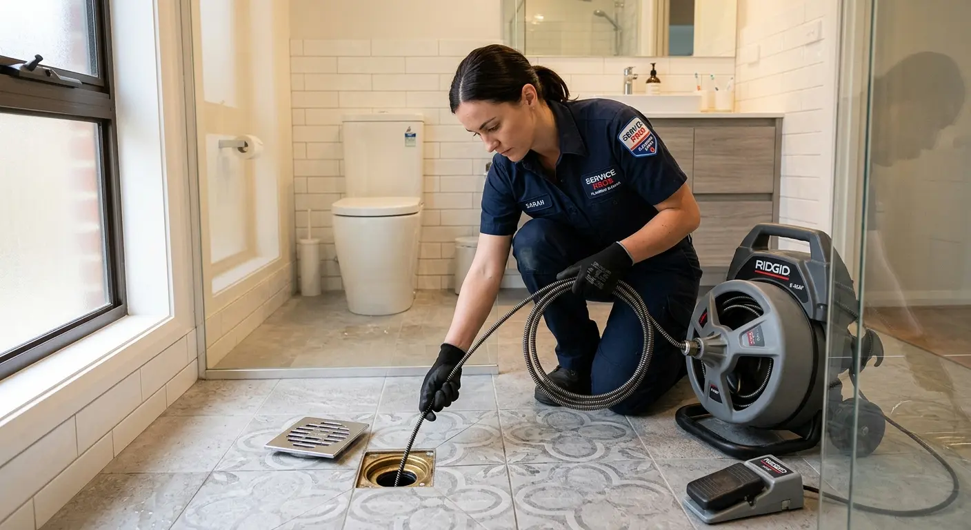 Technician clearing a bathroom floor drain for Clogged Drain Repair in Tigard